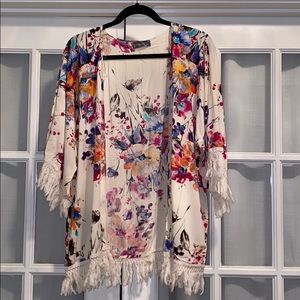 Off White Floral Kimono with Fringe